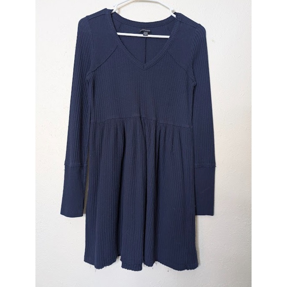 American Eagle Size Medium Waffle Knit‎ Blue Dress Y2K Long Sleeve Casual 90s